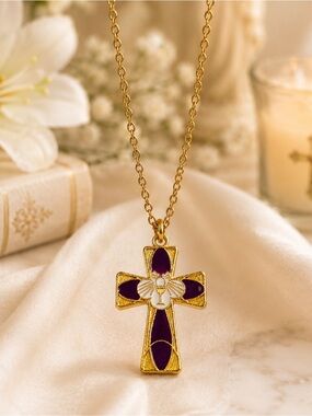 Gold-Plated Cross Pendant Necklace with Purple Enamel
